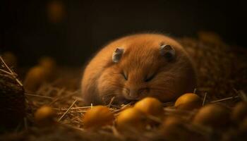 fluffig ung kanin äter hö i äng genererad förbi ai foto