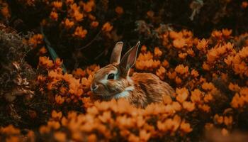 fluffig kanin sitter i grön äng, söt genererad förbi ai foto