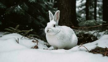 fluffig hare Sammanträde i snö, ser söt genererad förbi ai foto