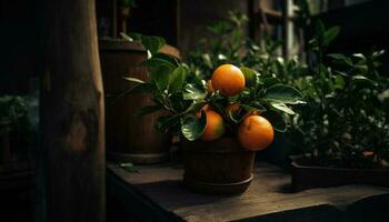 mogen citrus- frukt på rustik trä- tabell genererad förbi ai foto