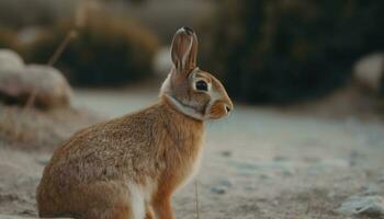 fluffig kanin öra i fokus, Sammanträde varna genererad förbi ai foto