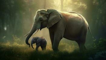 stor afrikansk elefant familj gående i lugn savann genererad förbi ai foto