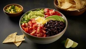 färsk vegetarian sallad med guacamole och Koriander dopp genererad förbi ai foto