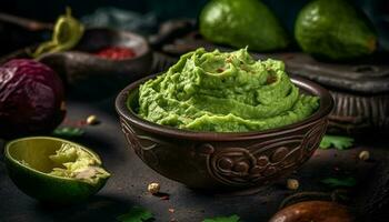 färsk guacamole dopp med mogen avokado och kalk genererad förbi ai foto