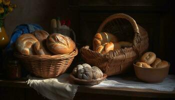 en rustik tabell med färsk bakad bröd genererad förbi ai foto