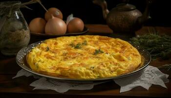 krypterade ägg och vegetabiliska omelett på tallrik genererad förbi ai foto