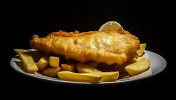 djup friterad torsk filea och franska frites måltid genererad förbi ai foto