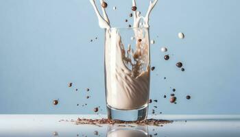 slät choklad milkshake häller in i dricka glas genererad förbi ai foto