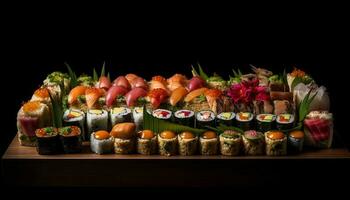 färsk skaldjur måltid maki sushi, sashimi, nigiri, räka genererad förbi ai foto