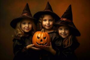ett illustration av barn bär en halloween kostym , ai genererad foto