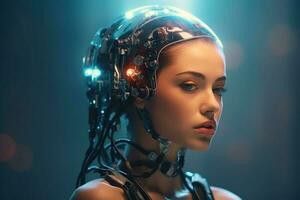 illustration av en cyborg kvinna och ai teknologi bakgrund , ai genererad foto