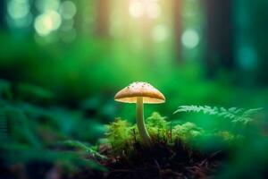 stänga upp svamp i en skog. generativ ai foto