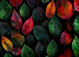 abstrakt färgrik tropisk blad textur, mörk lövverk natur bakgrund foto