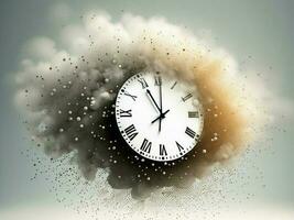 tid är löpning ut begrepp visar klocka den där är upplösande bort in i liten partiklar. tid flugor begrepp foto