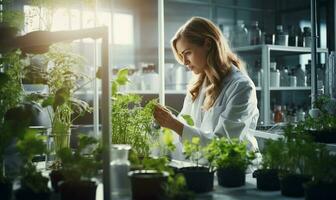agronom biolog kvinna växande grön växter i laboratorium. ai genererad foto