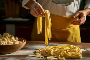 en professionell kock i en vit enhetlig är gripande en strå av nyligen kokta pasta inuti ett italiensk kök foto