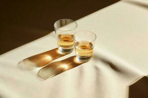 ett elegant trä- tabell Utsmyckad med två glasögon av tequila skott, skapande en romantisk atmosfär foto