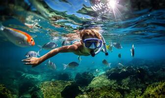 pojke snorkling i en transparent hav tittar på färgrik fisk. ai genererad foto