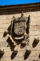 detalj av dekorationer på de Fasad av de historisk hus av de skal byggd i 1517 förbi rodrigo arior de maldonado riddare av de beställa av santiago de kompostela i salamanca, Spanien foto