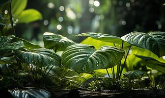 närbild bild av frodig grön tropisk vegetation i en djungel. ai genererad foto