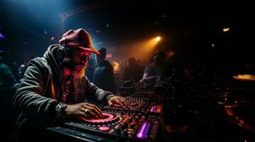 dj spelar leva musik på en en natt klubb. ai genererad foto