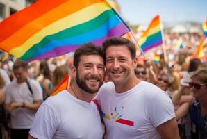 två män med HBTQ flaggor på de Gay stolthet demonstration. ai genererad foto