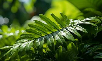 närbild bild av frodig grön tropisk vegetation i en djungel. ai genererad foto