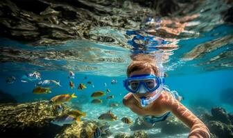 pojke snorkling i en transparent hav tittar på färgrik fisk. ai genererad foto