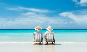 pensionerad reser par vilar tillsammans på Sol solstolar under strand semester på en tropisk ö. ai genererad foto