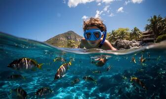 pojke snorkling i en transparent hav tittar på färgrik fisk. ai genererad foto