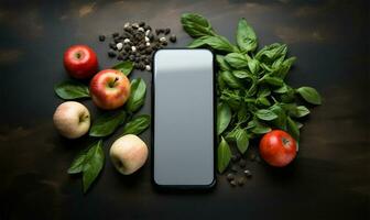 mobil telefon falsk upp för sökande och handla uppkopplad livsmedelsbutik, app för recept, näring och diet. tom smartphone. ai genererad foto