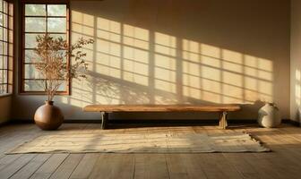 tömma traditionell japansk stil rum med tatami matta golv i solljus från trä shoji. ai genererad foto