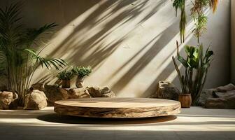 naturlig logga trä podium tabell i solljus ai genererad foto