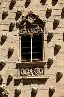 detalj av de fönster av de historisk hus av de skal byggd i 1517 förbi rodrigo arior de maldonado riddare av de beställa av santiago de kompostela i salamanca, Spanien foto