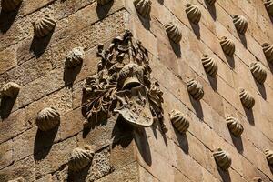 detalj av dekorationer på de Fasad av de historisk hus av de skal byggd i 1517 förbi rodrigo arior de maldonado riddare av de beställa av santiago de kompostela i salamanca, Spanien foto