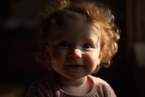 ai generativ porträtt av en söt liten bebis på Hem i de kväll foto