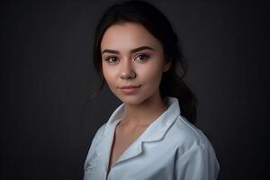ai generativ porträtt av ung kvinna läkare i vit täcka på grå bakgrund. foto