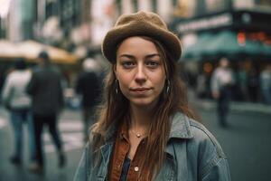 ai generativ porträtt av en ung skön flicka i en hatt på de gata foto