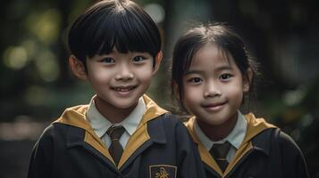 ai generativ Lycklig asiatisk pojke och flicka studenter i skola enhetlig leende och ser på kamera foto