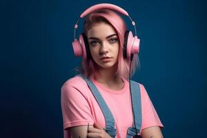 ai generativ porträtt av skön flicka med rosa hår och hörlurar på blå bakgrund foto
