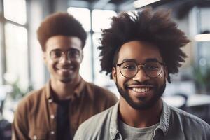 ai generativ porträtt av två ung afrikansk amerikan affärsmän i glasögon ser på kamera i kontor foto