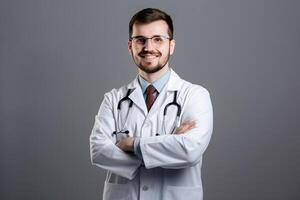 ai generativ porträtt av självsäker manlig läkare i vit täcka och stetoskop stående med vapen korsade och ser på kamera foto