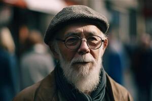 ai generativ porträtt av ett gammal man bär täcka på de gata foto