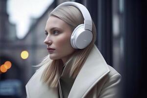 ai generativ skön ung kvinna lyssnande till musik med hörlurar i de stad. foto