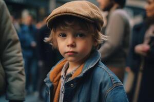 ai generativ porträtt av en söt liten pojke på de gata i de stad foto