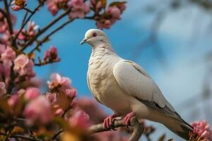 ai generativ vit duva på en gren av en blomstrande träd med rosa blommor foto