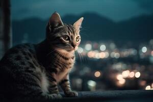 ai generativ söt liten kattunge med blå ögon ser på de stad på natt foto