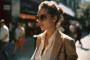 ai generativ skön ung kvinna i solglasögon och täcka ser bort medan gående på gata foto