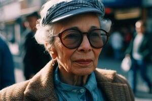 ai generativ porträtt av ett äldre kvinna i en hatt och glasögon på de gata foto