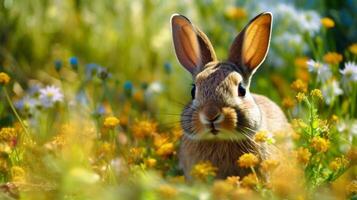 ai generativ kanin i de äng med gul blommor. påsk bakgrund. foto